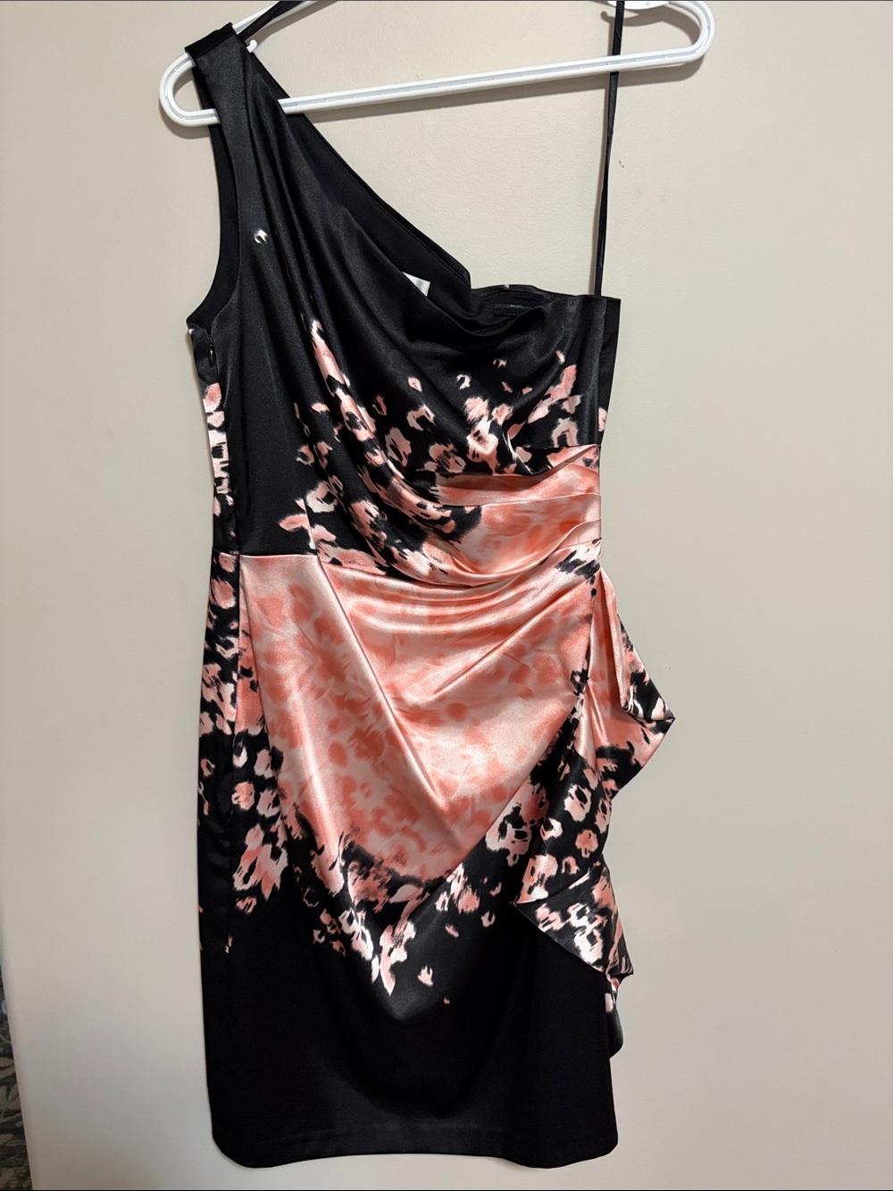 London Times Black and Blush Pink One-Shoulder Satin Dress